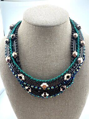 Stella & Dot Mercury Necklace Teal Blue Gunmetal Rose Gold Tone Statement Bib